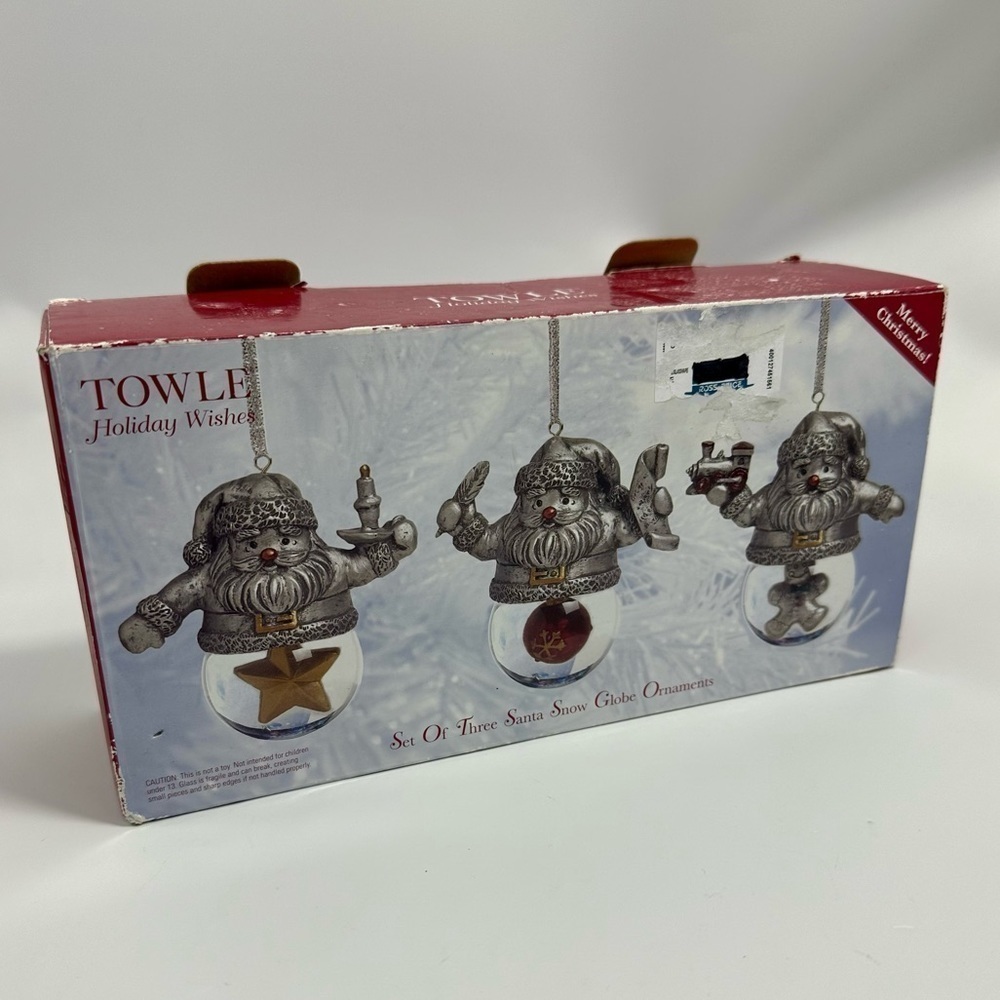NWT Towle Holiday Wishes set of 3 Santa snow globe ornaments
